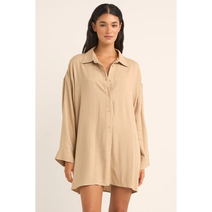 RHYTHM SUN RAY LONG SLEEVE SHIRT DRESS SAND