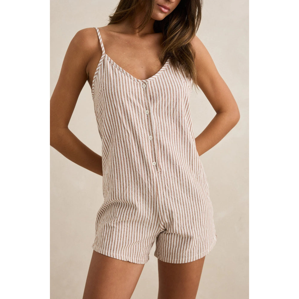 RHYTHM VALLEY STRIPE ADJUSTABLE ROMPER TAN