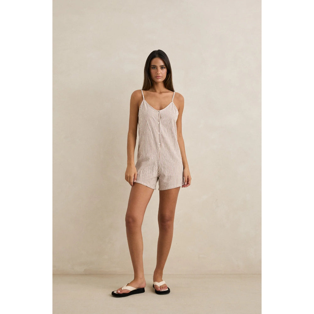 RHYTHM VALLEY STRIPE ADJUSTABLE ROMPER TAN