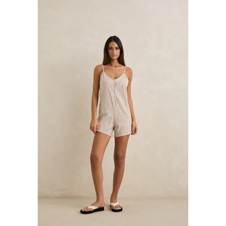 RHYTHM VALLEY STRIPE ADJUSTABLE ROMPER TAN