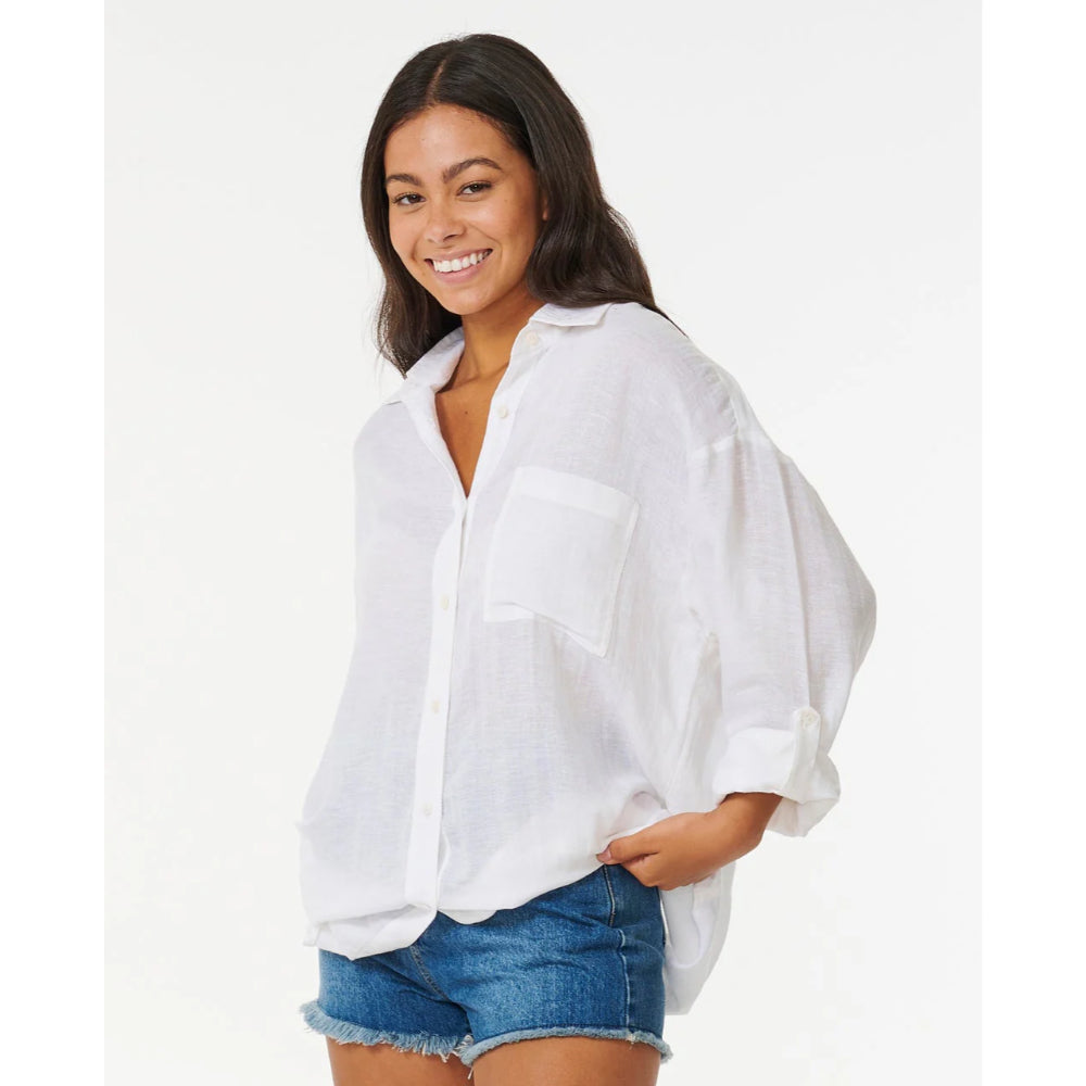 RIP CURL PREMIUM LINEN LONG SLEEVE BUTTON SHIRT WHITE