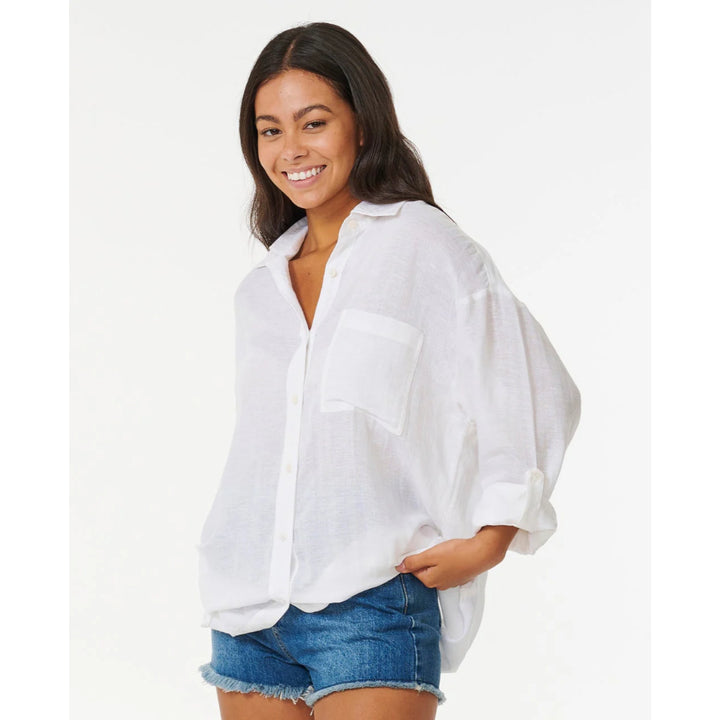 RIP CURL PREMIUM LINEN LONG SLEEVE BUTTON SHIRT WHITE