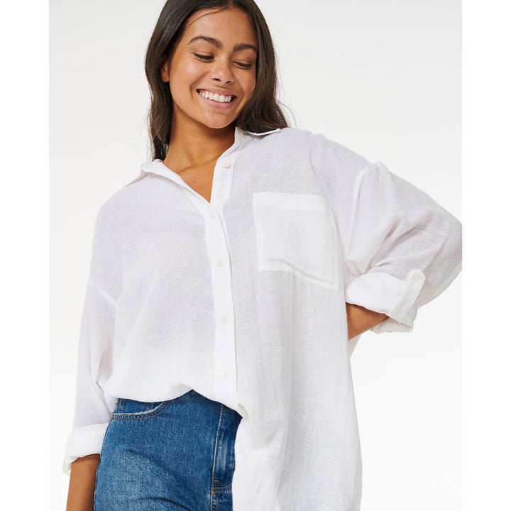 RIP CURL PREMIUM LINEN LONG SLEEVE BUTTON SHIRT WHITE