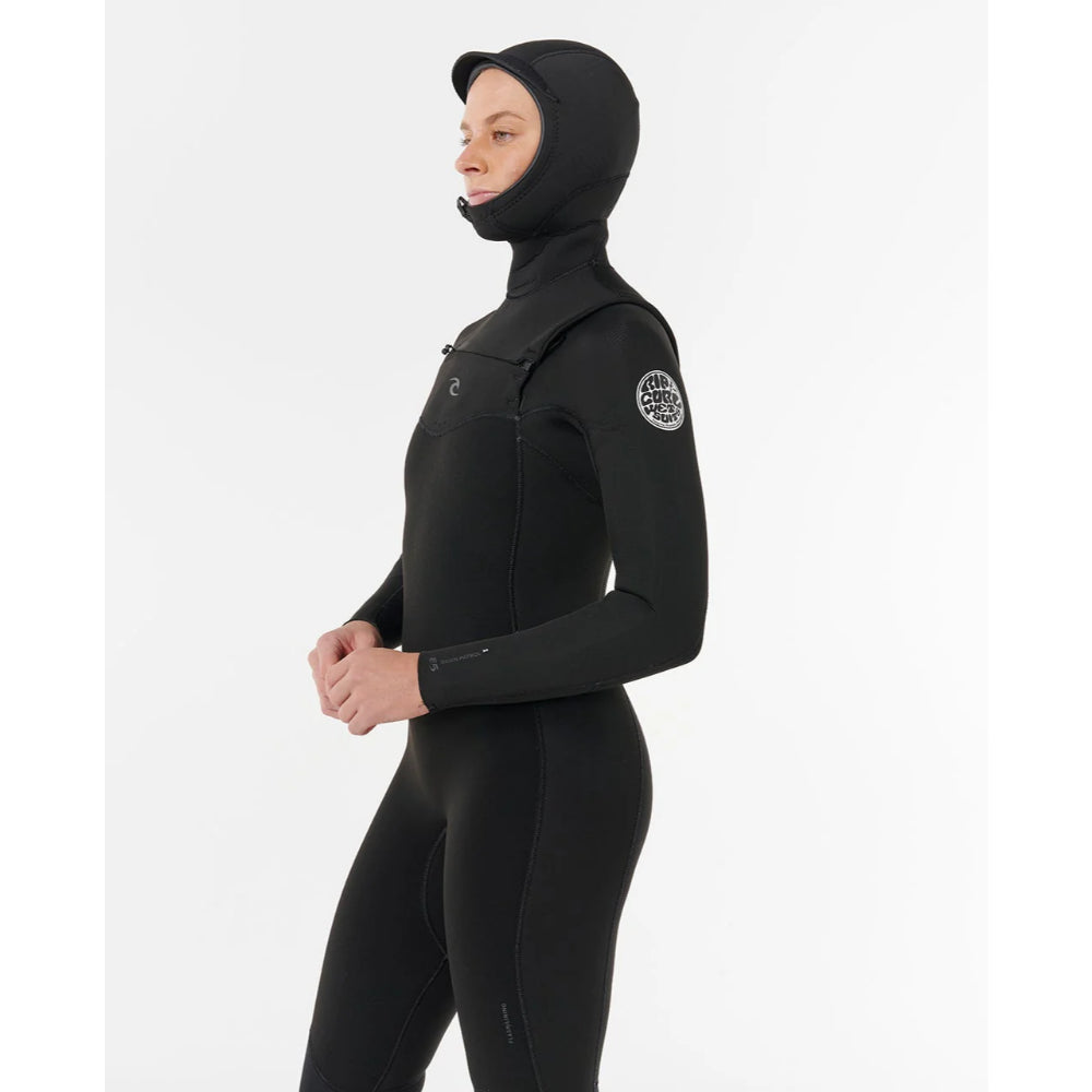 RIP CURL WMS DAWN PATROL 5/4 CHEST ZIP HOODED BLACK