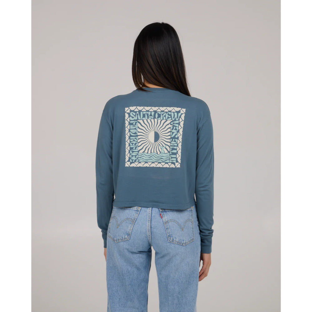 SALTY CREW OPTIC SEA LONG SLEEVE CROP TEE FIN BLUE