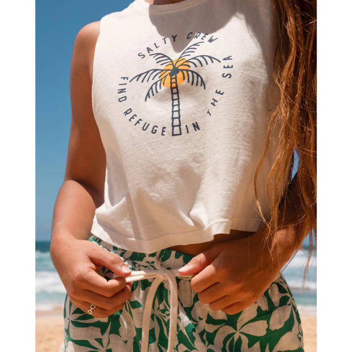 SALTY CREW QUEEN PALM CROPPED TANK OFF WHITE