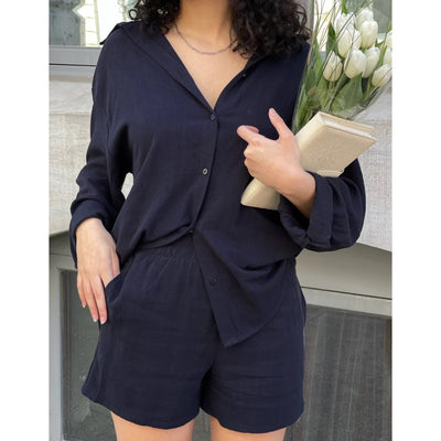 GIRL CRUSH LINEN BUTTON UP SHIRT MIDNIGHT BLUE
