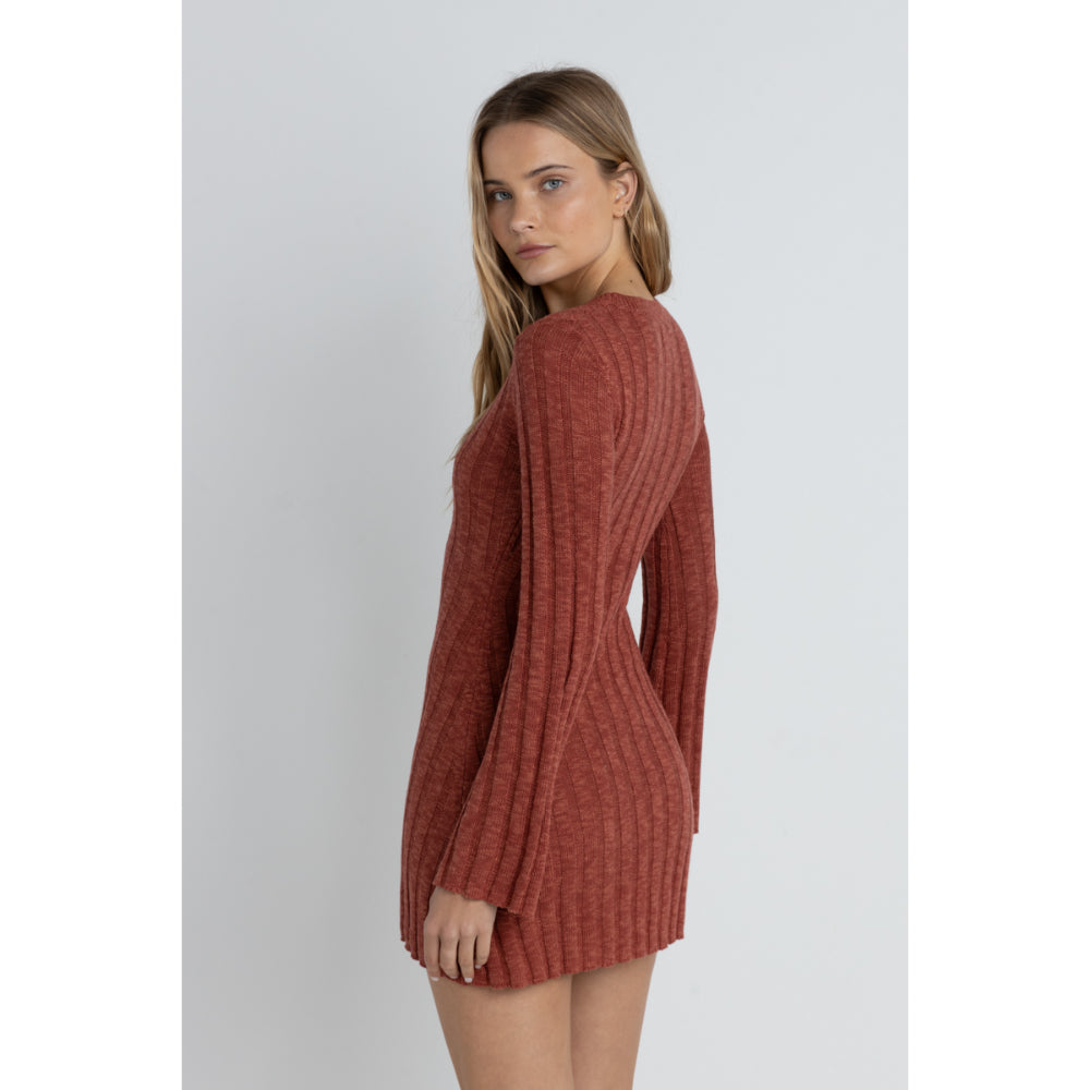 RHYTHM EMPIRE LONG SLEEVE KNIT MINI DRESS RED
