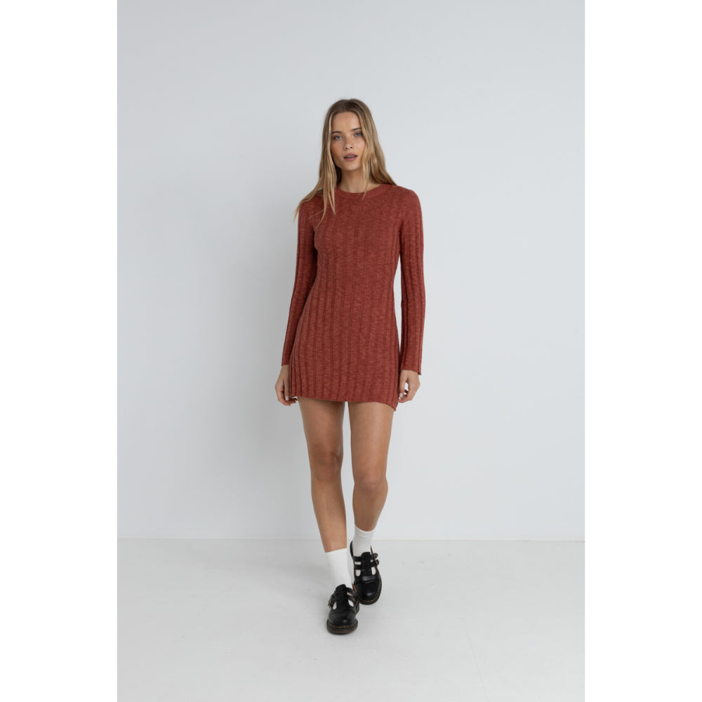 RHYTHM EMPIRE LONG SLEEVE KNIT MINI DRESS RED